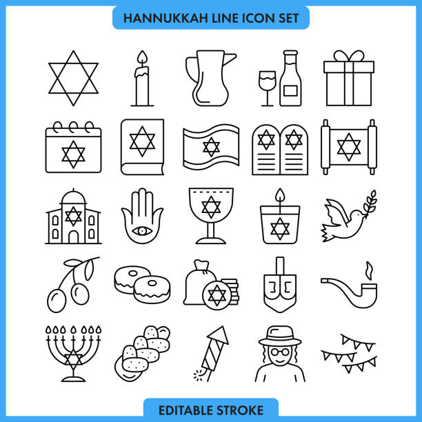 ilustraciones, imágenes clip art, dibujos animados e iconos de stock de conjunto de iconos de la línea hanukah. trazo editable - canturrear