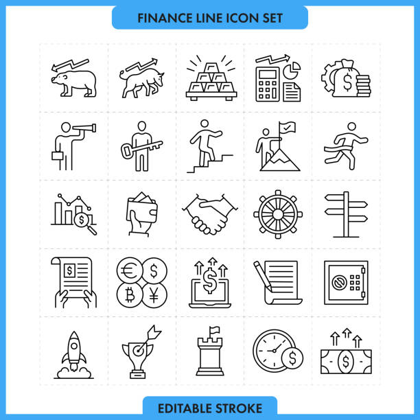 ilustrações, clipart, desenhos animados e ícones de conjunto de ícones de finanças e linha de sucesso. traçado editável - finance occupation data supporting