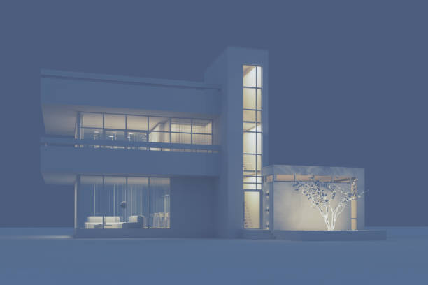 istock Modern house with a balcony and a high staircase, project in gray materials with night lighting and light from the windows on a gray background. 3D stock illustration. 1224425926