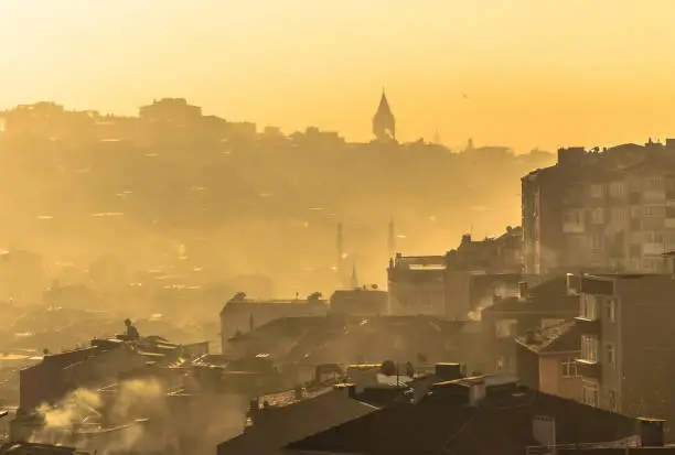 Istanbul skyline in smog, Air pollution