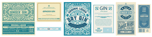 illustrations, cliparts, dessins animés et icônes de ensemble de 3 étiquettes vintage avec côté arrière. vecteur en couches - gin