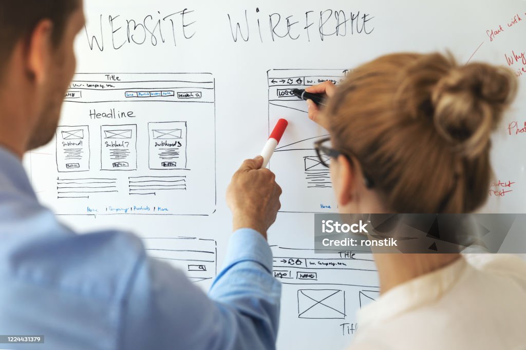 UI UX designers team working on new website wireframe in office User Experience Stock Photo