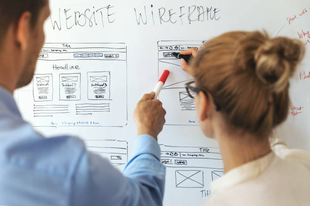 UI UX designers team working on new website wireframe in office UI UX designers team working on new website wireframe in office user experience photos stock pictures, royalty-free photos & images