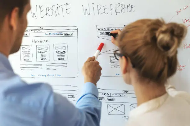 UI UX designers team working on new website wireframe in office