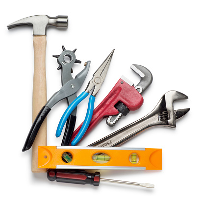 Set of cobbler tools on white background. Space for text.