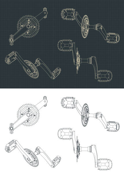 Bicycle crankset with pedals Vector illustration of drawings of a bicycle part. Bicycle crankset with pedals chainring stock illustrations