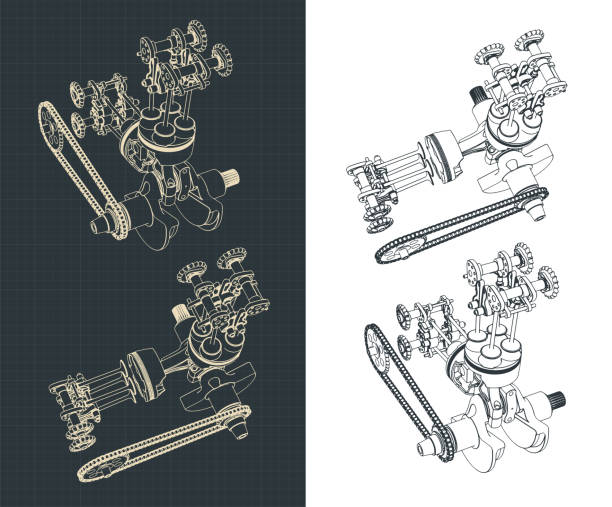 Motorcycle engine part drawings Stylized vector illustration of Two-cylinder Motorcycle engine with mechanical chain transmission drawings motorcycle designs stock illustrations