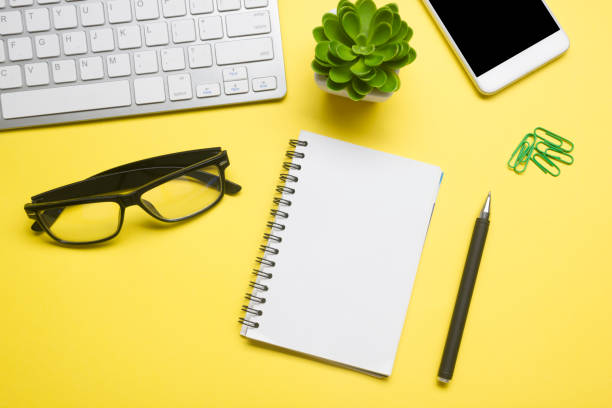 istock Office desk table with supplies. Flat lay Business workplace and objects. Top view. Copy space for text 1224435271
