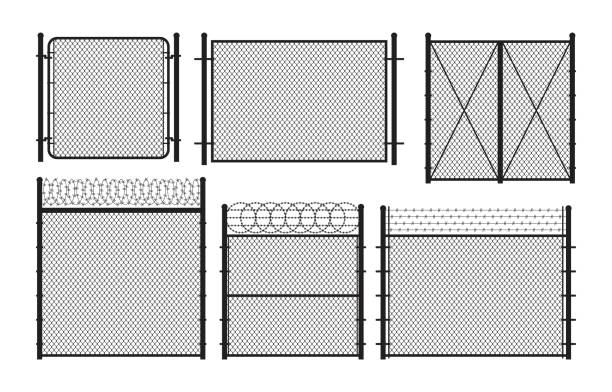 illustrazioni stock, clip art, cartoni animati e icone di tendenza di silhouette recinzioni metalliche e cancelli impostati. illustrazione vettoriale. - topics barbed wire fence chainlink fence