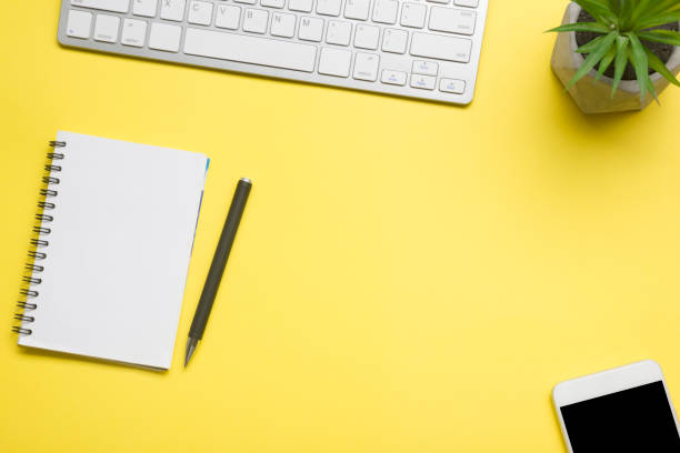 istock Office desk table with supplies. Flat lay Business workplace and objects. Top view. Copy space for text 1224435379