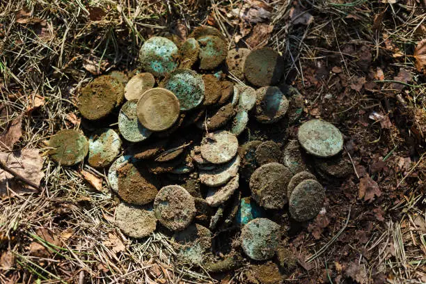 Real treasure with copper coins in the forest. Discovery, treasure hunting, digging, metal detection concept.