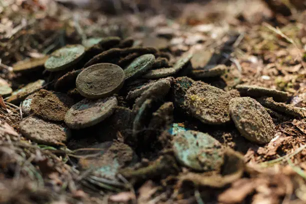 Real treasure with copper coins in the forest. Discovery, treasure hunting, digging, metal detection concept.