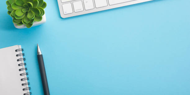 istock Office desk table with supplies. Flat lay Business workplace and objects. Top view. Copy space for text 1224435914