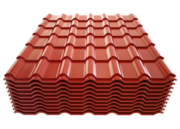 istock Stack of metal profile sheets for roof. Isolated on white background. 1224435937