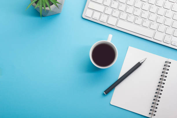 istock Office desk table with supplies. Flat lay Business workplace and objects. Top view. Copy space for text 1224435977