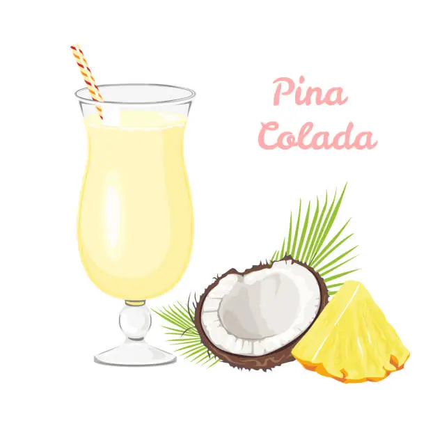 Vector illustration of Pina colada in glass, piece of pineapple and coconut isolated on white background. Vector illustration of tropical fruit drink in cartoon flat style.