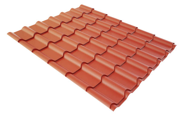 istock New red metal tile roof isolated on white background. 1224436829