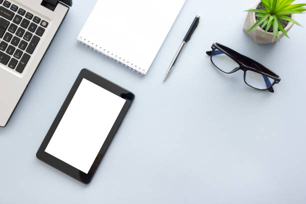 istock Office desk table with supplies. Flat lay Business workplace and objects. Top view. Copy space for text 1224436950