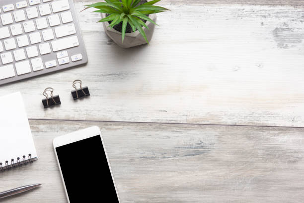 istock Office desk table with supplies. Flat lay Business workplace and objects. Top view. Copy space for text 1224437104