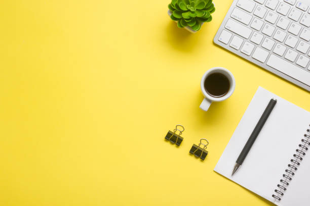 istock Office desk table with supplies. Flat lay Business workplace and objects. Top view. Copy space for text 1224437464