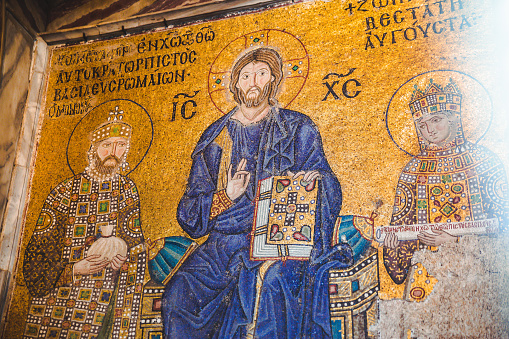 Iisalmi, Finland - June 7, 2022: Painting of evangelist Mattheus in Hotel Golden dome an old orthodox church in Iisalmi in Iisalmi in Savonia in Finland