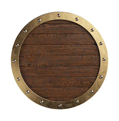 Medieval knightly round shield with metal border. Clipping path included. 3d illustration.