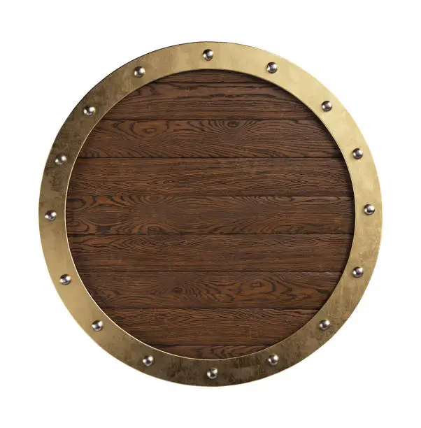 Medieval knightly round shield with metal border. Clipping path included. 3d illustration.