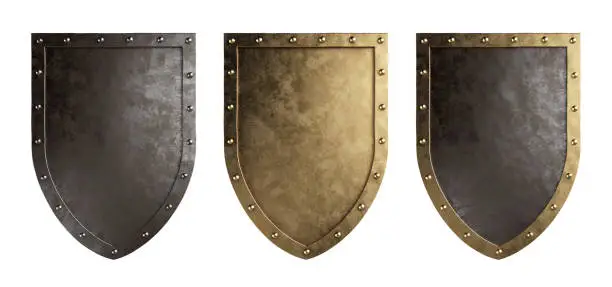 Set of medieval shields isolated on a white background. Clipping path included. 3d illustration