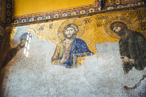 Ohrid, North Macedonia-April 19, 2019: Saint Sophia church, rebuilt by Archbishop Leo between AD 1035-1056 over a V century Christian basilica, hosts a series of frescoes from the XI to XIII centuries