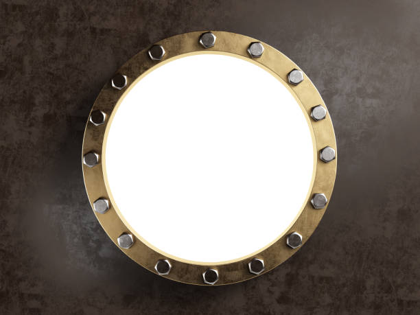 old marine porthole with brass border. clipping path included. - naval ship imagens e fotografias de stock