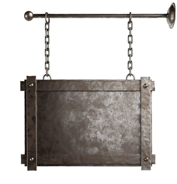 istock Metal sign plate with chains isolated on white background. Clipping path included 1224438503