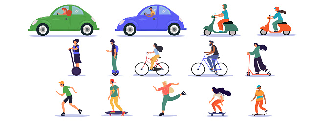 Large set of transport and ride on icons with car, assorted scooters, bicycle, skateboard and Segway on white, colored vector illustration
