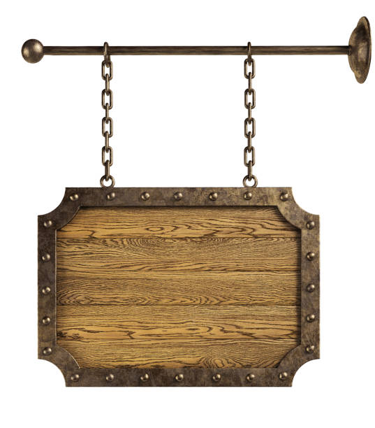 istock Wooden signboard hanging on chains. Isolated, clipping path included. 1224438514