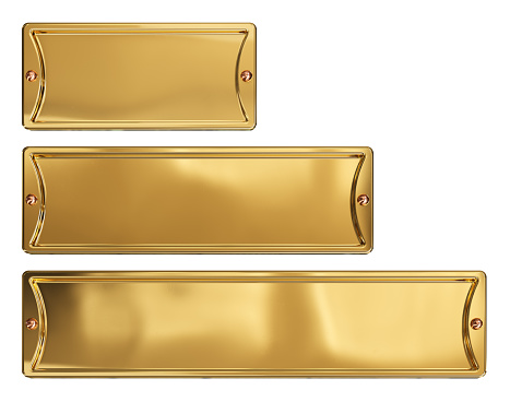 Empty gold or brass metal plates set, isolated on a white background. Clipping path included. 3d illustration
