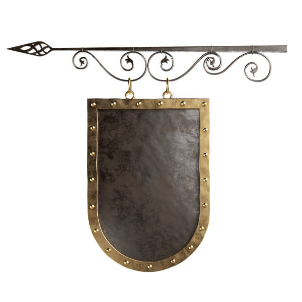 istock Medieval metal signboard or shield hanging on chains. Isolated, clipping path included. 1224438698