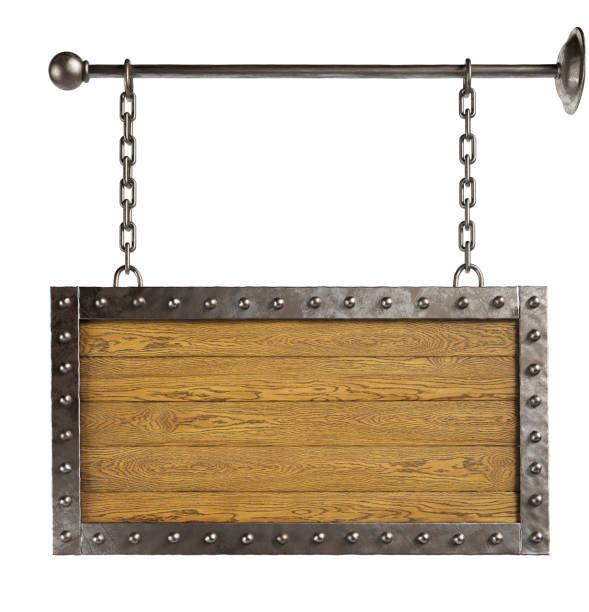 istock Wooden signboard hanging on chains. Isolated, clipping path included. 1224438733