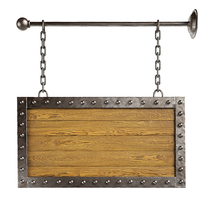 Wooden signboard hanging on chains. Isolated, clipping path included. 3d illustration.