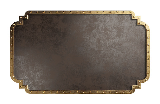 Empty metal plate with brass border, isolated on a white background. Steampunk style. Clipping path included. 3d illustration