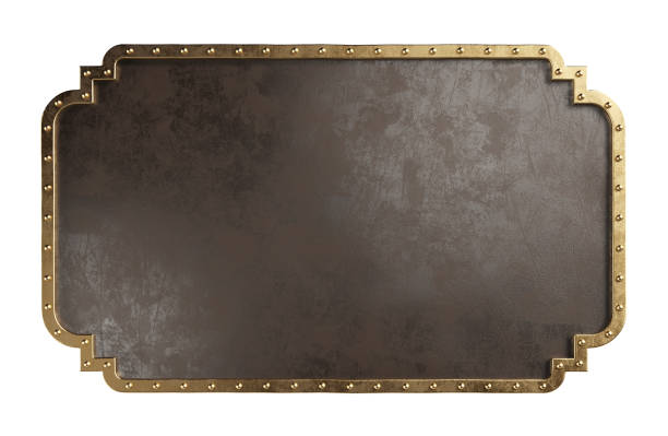 Empty metal plate with brass border, isolated on a white background. Steampunk style. Clipping path included. Empty metal plate with brass border, isolated on a white background. Steampunk style. Clipping path included. 3d illustration steampunk style stock pictures, royalty-free photos & images