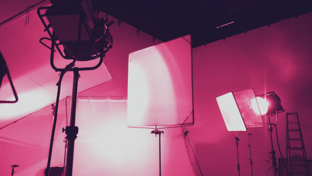 istock Flash light on tripod in studio production set up for professional photographer shooting photo or filming video and movie which use in entertainment and advertising industry 1224439442
