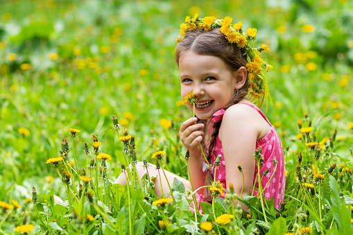 Girl blowing dandelion seed in green meadow field in summer, close up side view