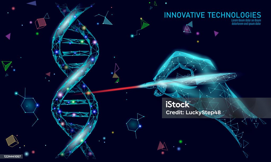 DNA 3D structure editing medicine concept. Low poly polygonal triangle gene therapy cure genetic disease. GMO engineering CRISPR Cas9 innovation modern technology science banner vector illustration DNA 3D structure editing medicine concept. Low poly polygonal triangle gene therapy cure genetic disease. GMO engineering CRISPR Cas9 innovation modern technology science banner vector illustration. DNA stock vector
