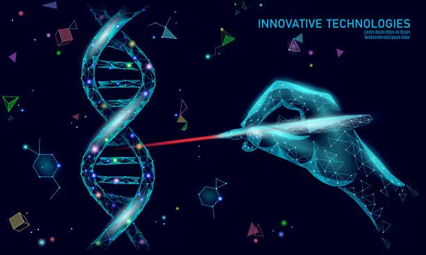 Vector illustration of DNA 3D structure editing medicine concept. Low poly polygonal triangle gene therapy cure genetic disease. GMO engineering CRISPR Cas9 innovation modern technology science banner vector illustration