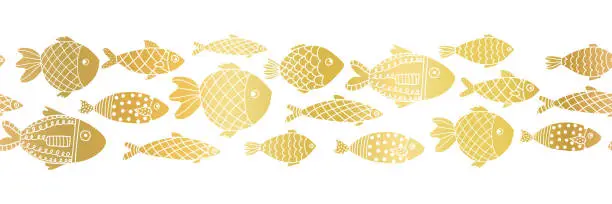 Vector illustration of Metallic gold foil fishes seamless vector border. Golden ocean animal repeating pattern. School of tropical fish. Marine summer pattern for banners, ribbons, footer, card decor