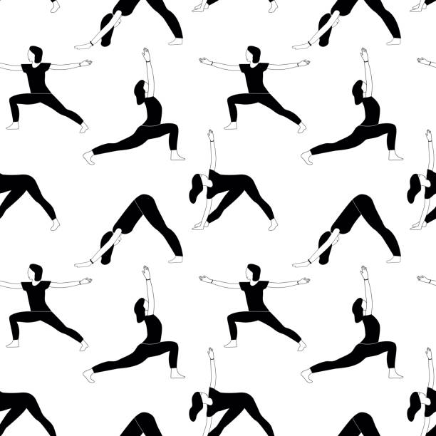 Seamless pattern with yoga pose: Downward Facing Dog, Warrior, Revolved Triangle Pose. Seamless pattern with yoga pose: Downward Facing Dog, Warrior, Revolved Triangle Pose. Woman doing yoga at home. Adho mukha shvanasana, Virabhadasana, Parvrtta Trikonasana. yoga illustrations stock illustrations