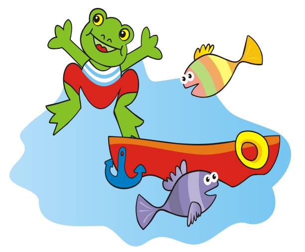 illustrazioni stock, clip art, cartoni animati e icone di tendenza di rana e barca, illustrazione vettoriale - young animal sea life amphibians animals and pets