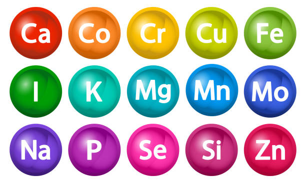 ilustrações, clipart, desenhos animados e ícones de conjunto de suplementos minerais. 3d bolhas complexo multivitamínico. ícones de vitaminas essenciais. cálcio magnésio zinco de ferro de ferro manganês de cobalto de cobre de molibdenite cromo mémio selenium de silício. vetor - mineral