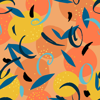 Orange seamless pattern mixed with simple squiggle elements. Artistic floral fruit illustration. Cut out paper design. Flat botanical background.