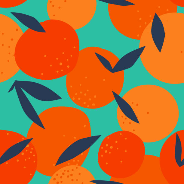 ilustraciones, imágenes clip art, dibujos animados e iconos de stock de floral fruit patrón sin costuras hecho de naranjas con hojas - cut up illustrations