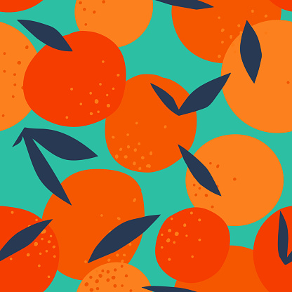 Floral Fruit seamless pattern made of oranges with leaves. Artistic background. Cut out paper design. Top view. Flat botanical illustration.